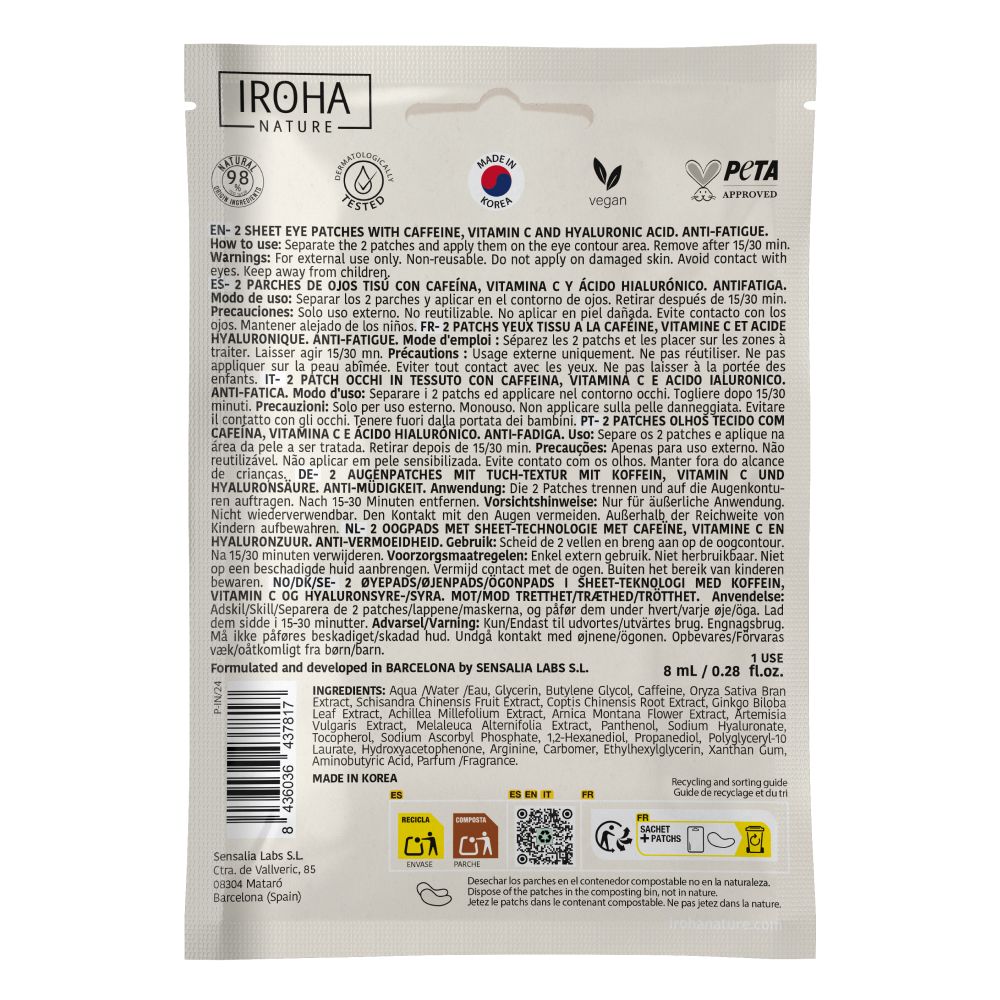 Iroha Augen-Maske Eye Pads Caffeine + Vitamin C Anti-fatigue, 1 Sachet (2 Patche